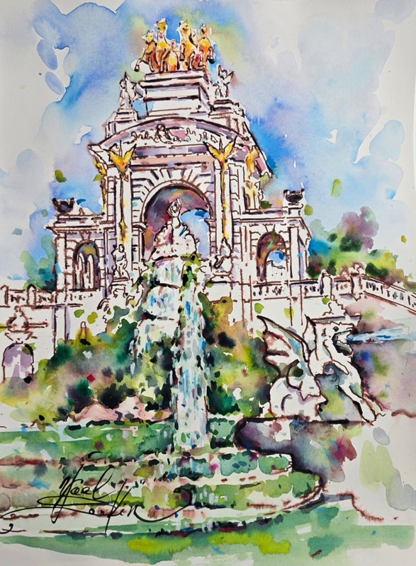Original Watercolor Barcelona Cascada Monumental Fountain Painting, 12×16 in