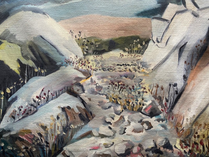 ::ÖLGEMÄLDE FELSIGE WINTERLANDSCHAFT MIT BLICK AUF DE KÜSTE gallery