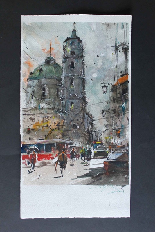 ORIGINAL PAINTING WATERCOLOR PRAGUE CITYSCAPE SAN'T NICHOLAS TOWER CHURCH 16x9in gallery