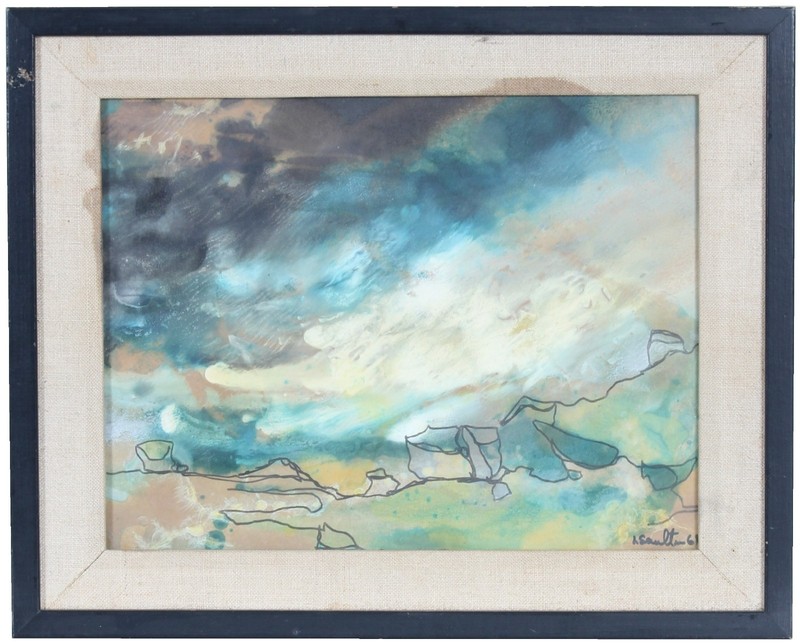 Leon Saulter Original Abstract Watercolor Painting Blue Ocean Sea Shore Art