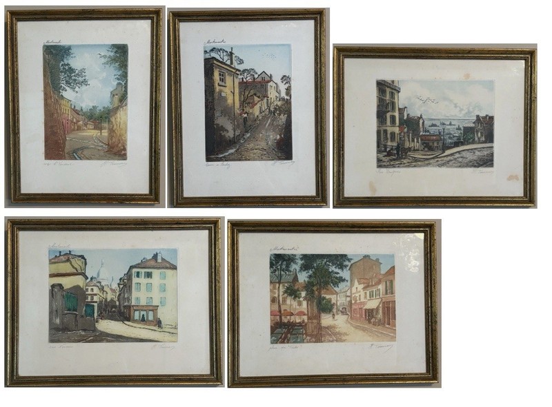 Antique Henri H Tourneau Etching 1920s -Montmartre, Paris Five Piece Framed Lot