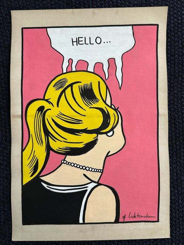 Roy Lichtenstein drawing and painting on old paper signed stamped vintage