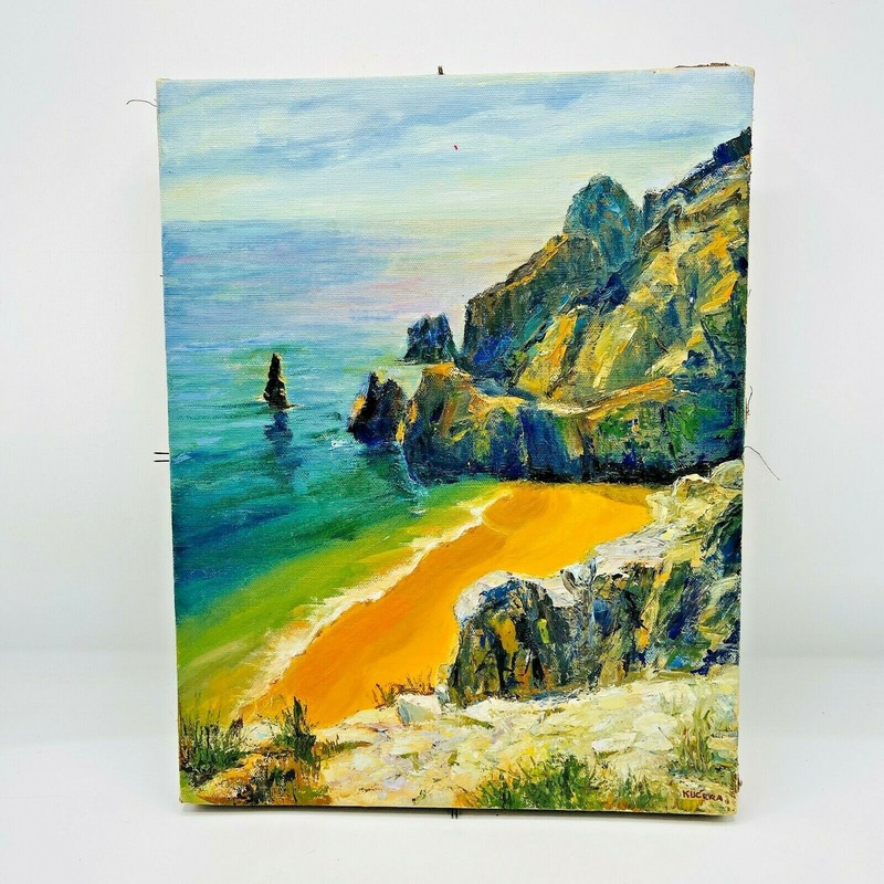 Antique Sea Side Cliffs Oil Canvas Painting Kucera Ocean Waves Cottagecore