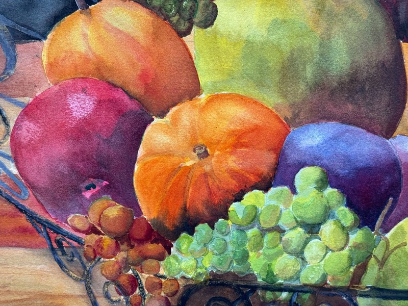 LARGE WATERCOLOR PAINTING SIGNED CONOLY GRAYER? ILLEGIBLE 2002 STILL LIFE FRUITS gallery