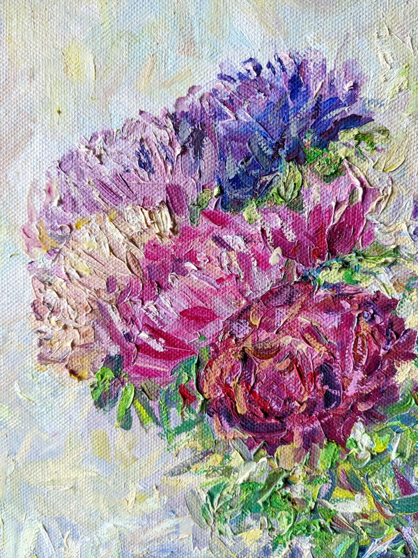 Textured Floral Oil Painting Asters Bouquet Impasto Canvas Art 16x12in gallery