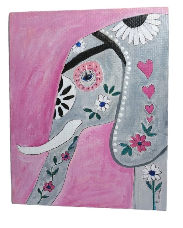 Beautiful ELEPHANT Original Acrylic Painting 8×10 Canvas PANEL -Daisies & Hearts