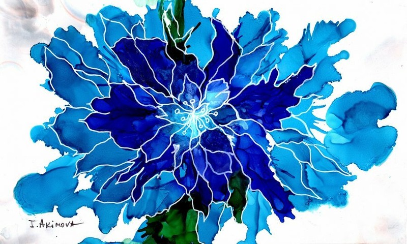 Original painting on paper, BLUE FLOWER, be happy, ink on yupo, 5 «x9», signed