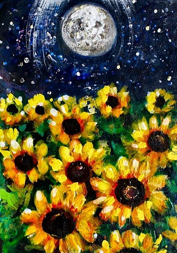 ACEO Original PAINTING Autumn SUNFLOWERS Night FARM Moon Stars Landscape ATC ART