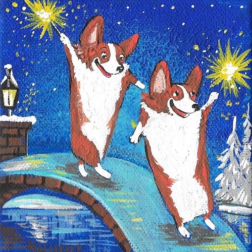 4X4 PRINT OF PAINTING PEMBROKE WELSH CORGI RYTA XMAS NEW YEARS DAY FOLK ART DOG