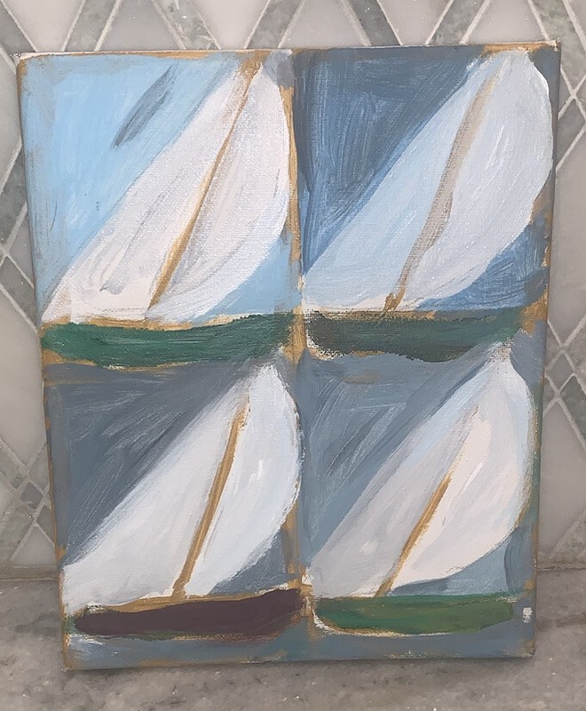 OOC Sailboats Collage Canvas Modern 8”X10” Blue White Green Brown Yellow Stormy