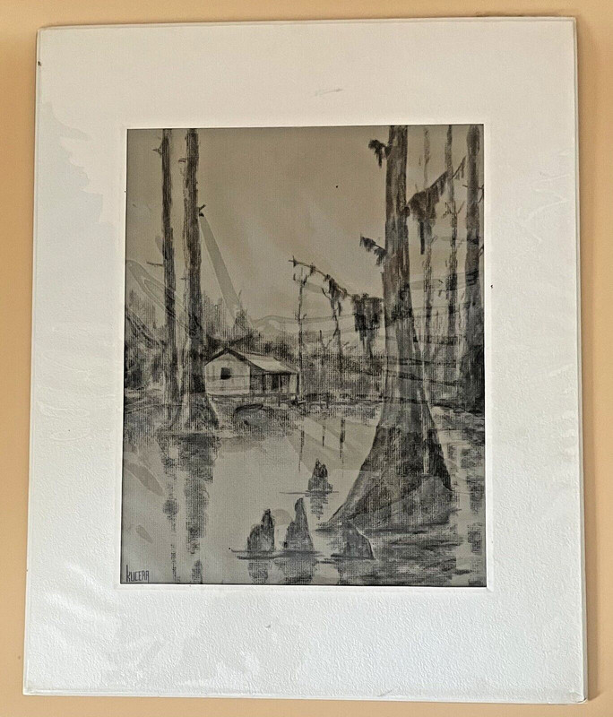 Dorothy Kucera, Texas Artist – Charcoal Drawing – Bayou Cabin