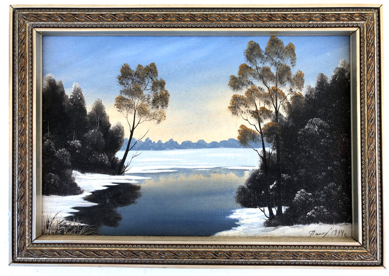 Vintage Russian Oil Painting 1994 V.V. Pakhomov Framed Winter Landscape Signed