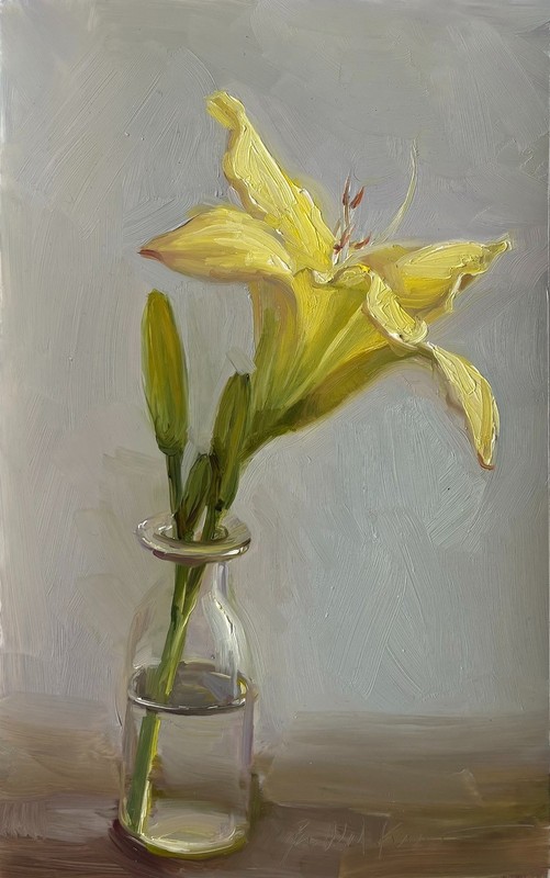 Yellow lily floral still life original oil painting by living artist 10.5 x6.5″