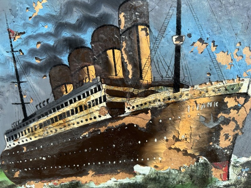 Antique Painting Reverse On Glass Titanic Iceberg In Original Frame - Needs Work gallery