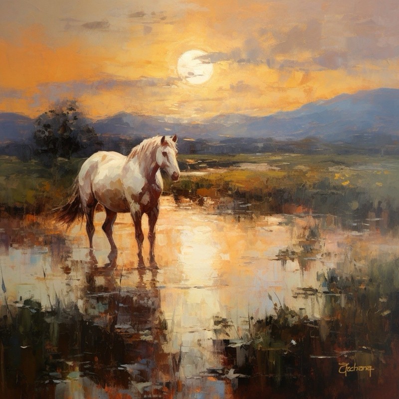Original , Western Hand Painted Oil Painting-30×30” Horse In Moonlight , Signed