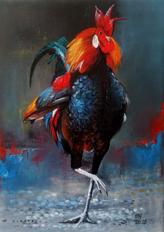 Original Oil Painting Rooster Bird Art Farm Animal Colorful 21x15 cm Canvas