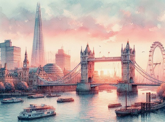LONDON England UK Cityscape Painting Giclee Canvas Signed 16″x20″ with mat frame