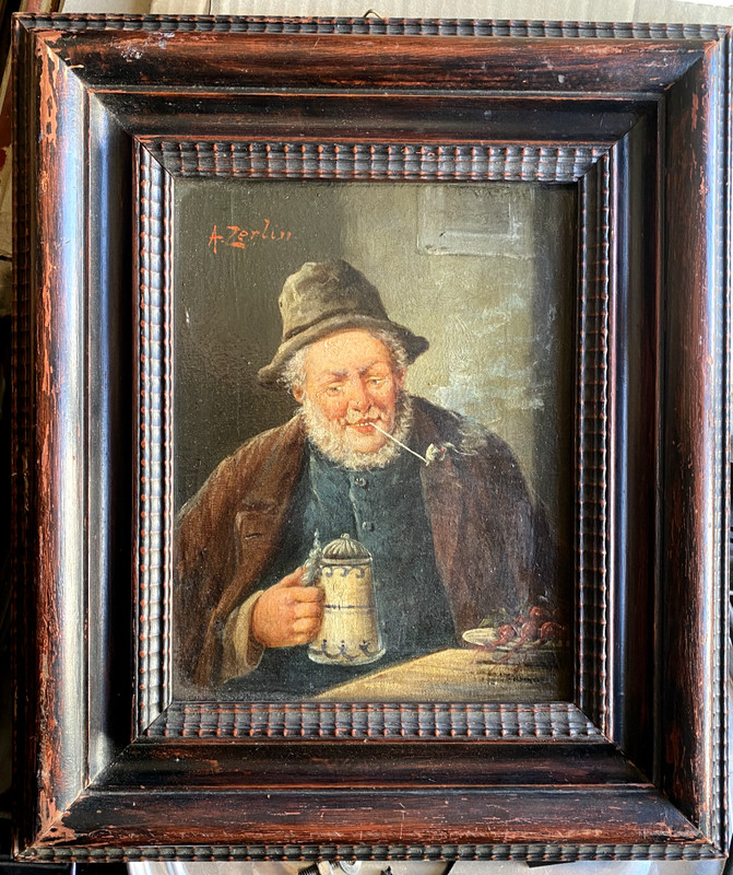 ::OIL PAINTING A. ZERLIN AROUND 1880 ° THE FULL JUG ° PORTRAIT MAN WITH PIPE MUNICH