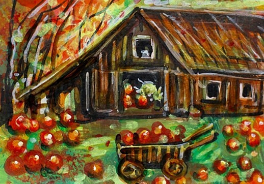 ACEO Original Painting TREE Autumn PUMPKINS Landscape Barn FARM Sun FALL ATC ART