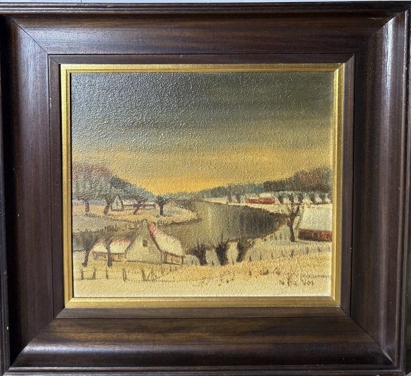 Mid Century N. De Vos Original Oil On Board Flemish Snowy Village Scene Framed