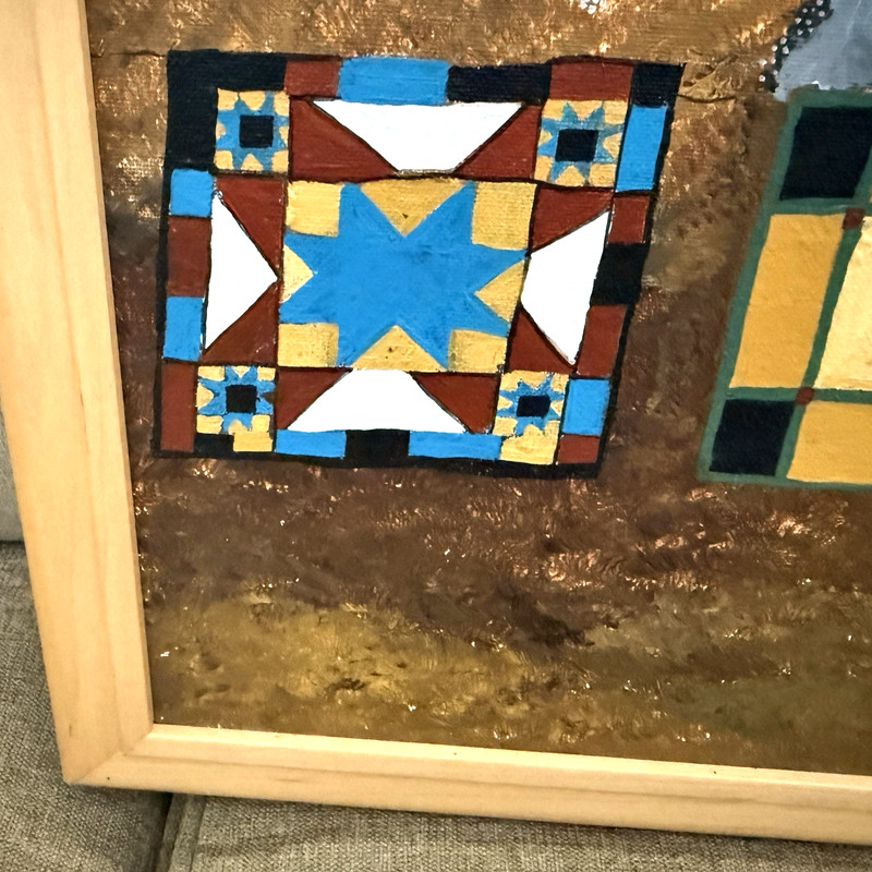 Linda M Brown Folk Art Painting Amish Quilts Vintage Large Wood Framed Signed gallery
