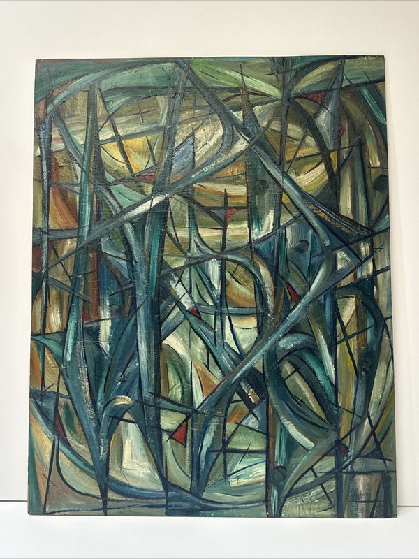 Mid Century Painting Abstract 1950’s Large Geometric Cubist Cubism Modernism Oil