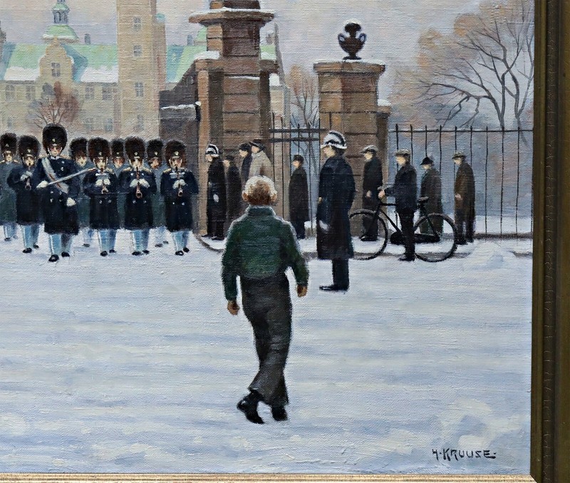 Hans Kruuse Winter Cityscape with Figures Castle Oil Painting, Signed gallery
