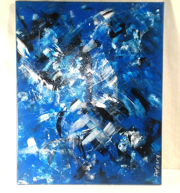 Blue Black White Original Abstract Painting Wall Hanging by DelMarq Signed