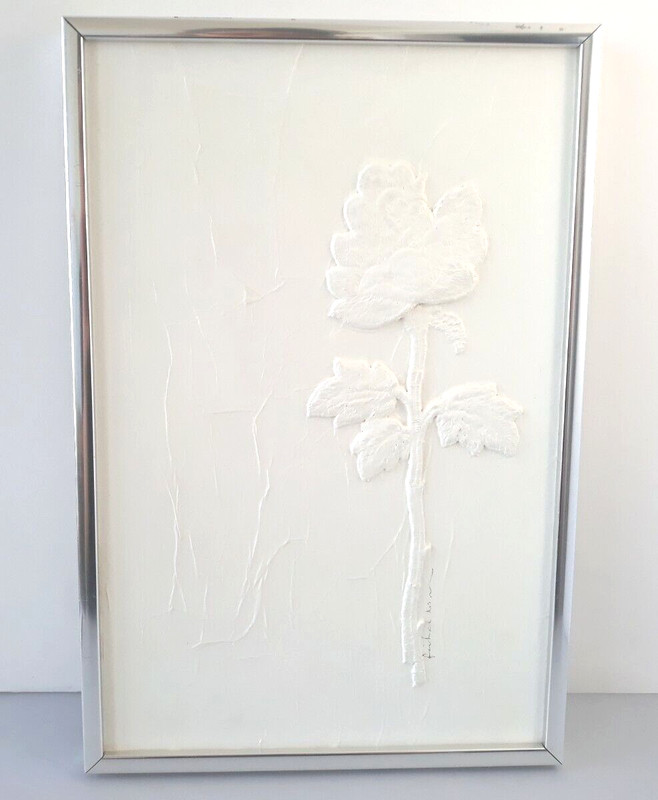 Signed Art White Botanical Floral Silver Framed Relief Textured Minimalist 12×8