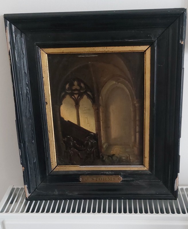 Antique Signed Painting. Genre scene. Oil painting on wood panel. XIX
