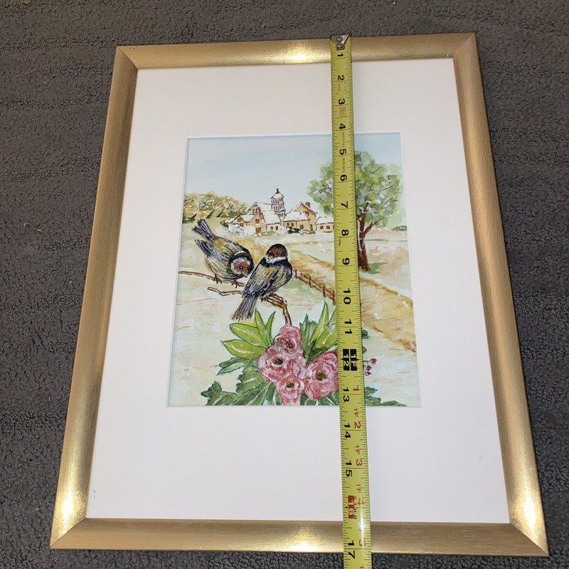 Vintage Original Painting Two Birds On Branch Path Town Church 17” X 13” gallery
