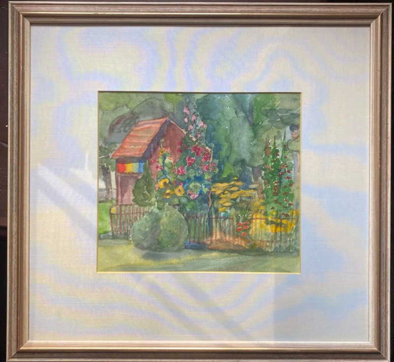 Aquarell View Of House In The Forest With Blooming Front Garden And Fence