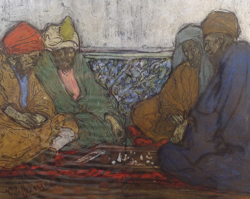 Professor Otto Hamel 1866 - 1950 Oil Chalk on Paper Orientals at Board Game gallery