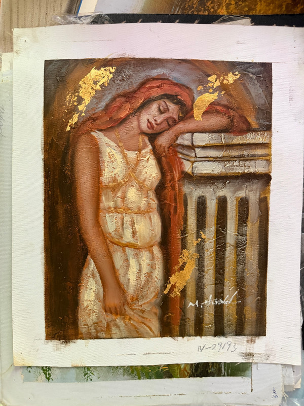 Vintage Neoclassical Lady Portrait Gold Leaf Detail Decorative Oil Painting Art