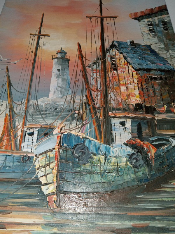 Vtg Oil Painting Boat Ship Harbor Sea Scene On Canvas Signed Waterfront 9x10 gallery