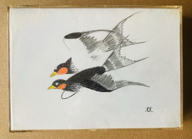 Charles Hayashi Signed 5”x7” Watercolor – Barn Swallows In Flight