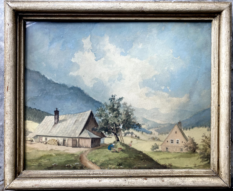 ::WATERCOLOUR A. GÜNTHER HOUSES IN THE VALLEY HARVEST THE APPLES CHILDREN LADDER BY THE TREE MEADOWS