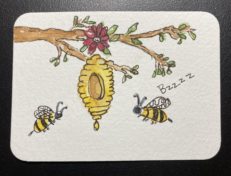 ACEO Original Art Card, Busy Bees, Bee Hive, Kimberly Cordner