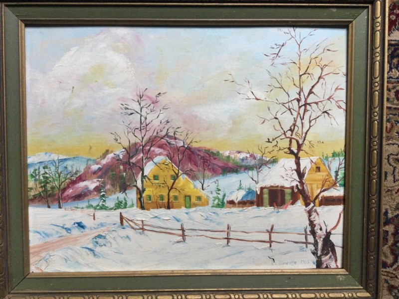 Vintage 1965 Primitive Grandma Moses Style winter oil painting by L Doucette gallery