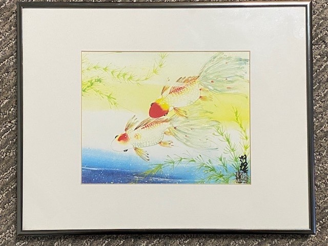 Gary Poon Signed Watercolor On Silk 2 Goldfish Matted & Framed W/ Glass 14″x11″