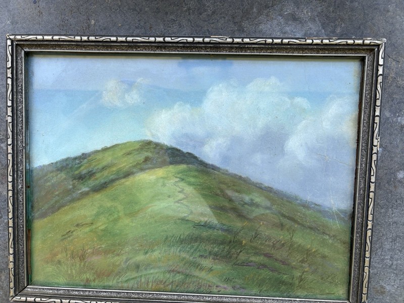 Late 19th C. Antique Pastel Chalk Drawing Green Hill Clouds Silver Gilt Frame gallery