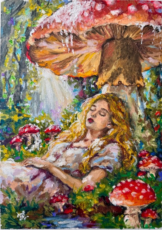 Alice in Wonderland Original Art Woman Wall Art Fantasy Oil Pastels Artwork