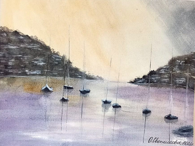 painting original watercolor seascape quiet harbor sailboats beautifulskysunrise