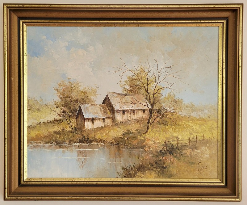VINTAGE FRAMED COUNTRY COTTAGE LANDSCAPE OIL PAINTING 39 x 49CM SIGNED GENE