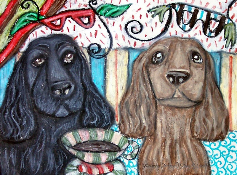 Field Spaniel Drinking Coffee Original Painting 9×12 Vintage Style Artist KSams