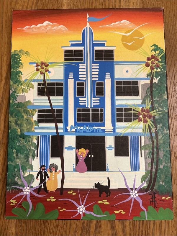 Herbert Felic Hofer Surreal Fantasy Painting McAlpin Hotel Miami Black Cat 12×16