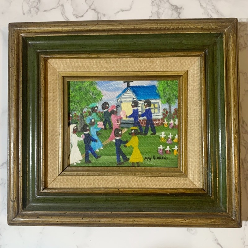 Vintage May Kugler Painting Southern Folk Art Oil on Board Louisiana Artist 8×9”