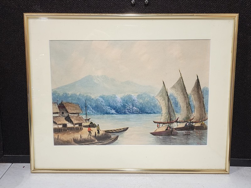 Original Watercolor SIGNED Ships in Harbor Mountain Landscape Framed