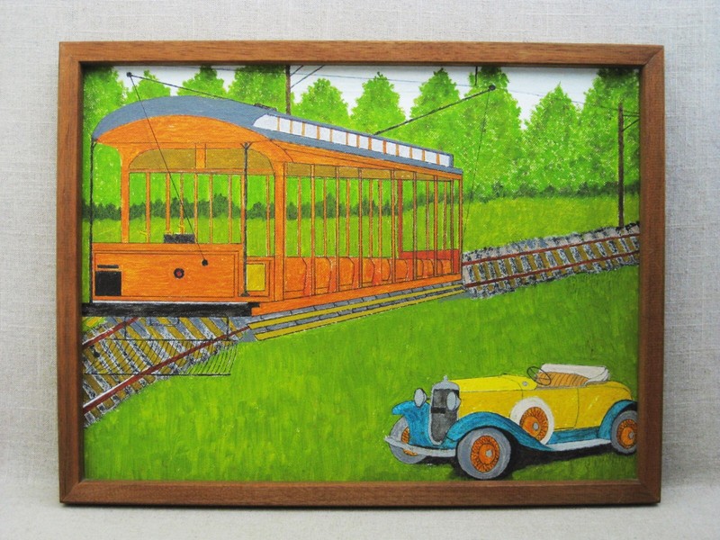 Colorful Train Painting, Original Landscape Wall Art, Framed Vintage
