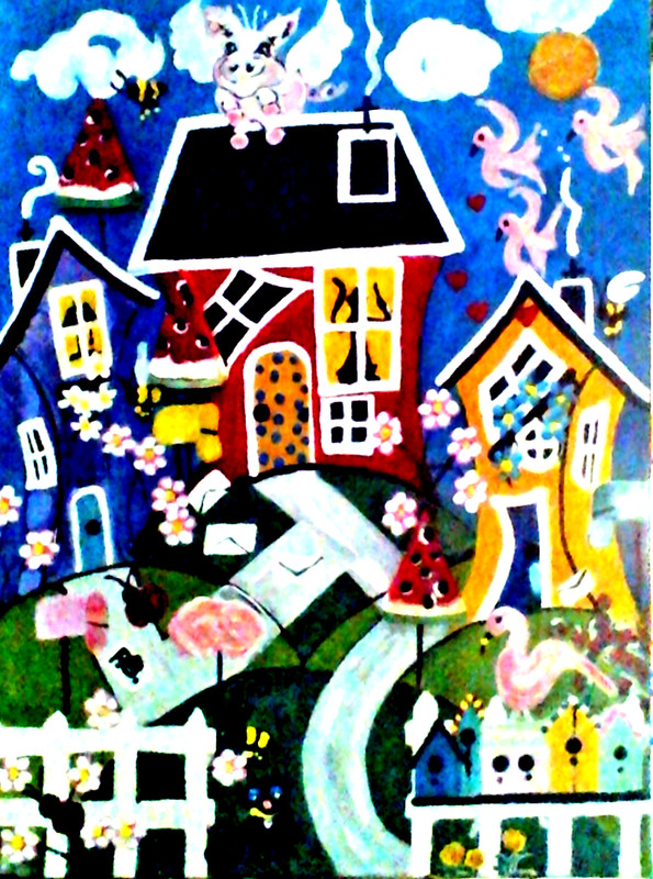 Original Painting Fantasy Town lightly abstract folk modern art 18x24x1 by pb